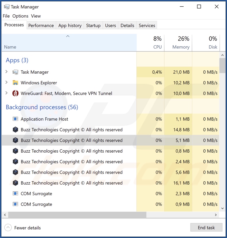 Processus d'adware Buzz sur le Gestionnaire des tâches (Buzz Technologies Copyright (c) Tous droits réservés - nom du processus)