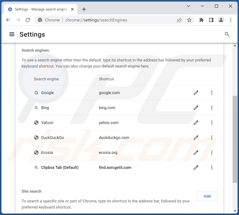 Suppression de find.asrcgetit.com du moteur de recherche par défaut de Google Chrome