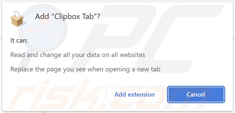 Pirate de navigateur Clipbox Tab demandant des autorisations
