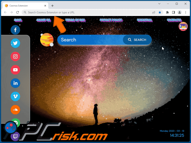 Pirate de navigateur Cosmos Extension redirigeant vers Bing (GIF)