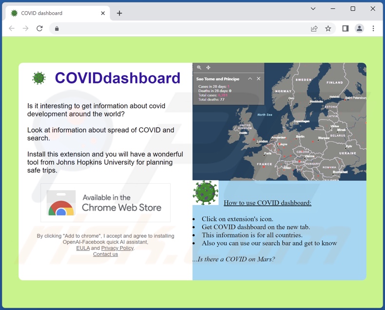 Site Web utilisé pour promouvoir le pirate de navigateur COVID Dashboard