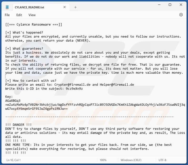 Cylance ransomware text file (CYLANCE_README.txt)