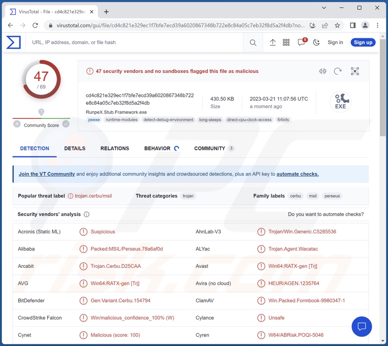 Détections de logiciels malveillants DotRunpeX sur VirusTotal