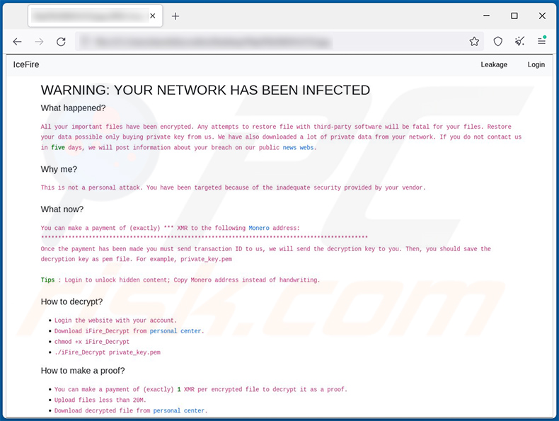 Note de rançon du site Web IceFire ransomware