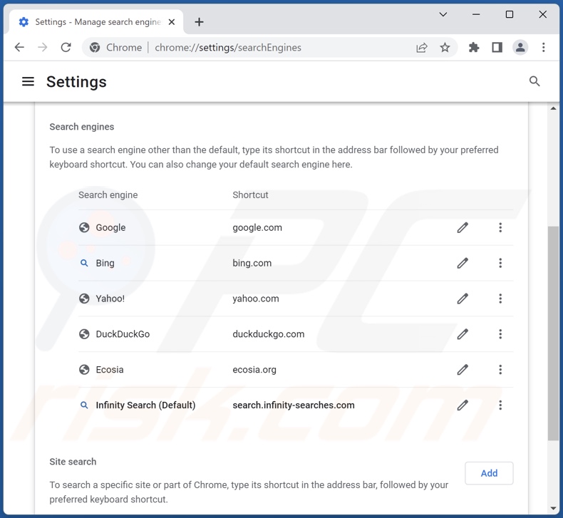 Suppression de search.infinity-searches.com du moteur de recherche par défaut de Google Chrome