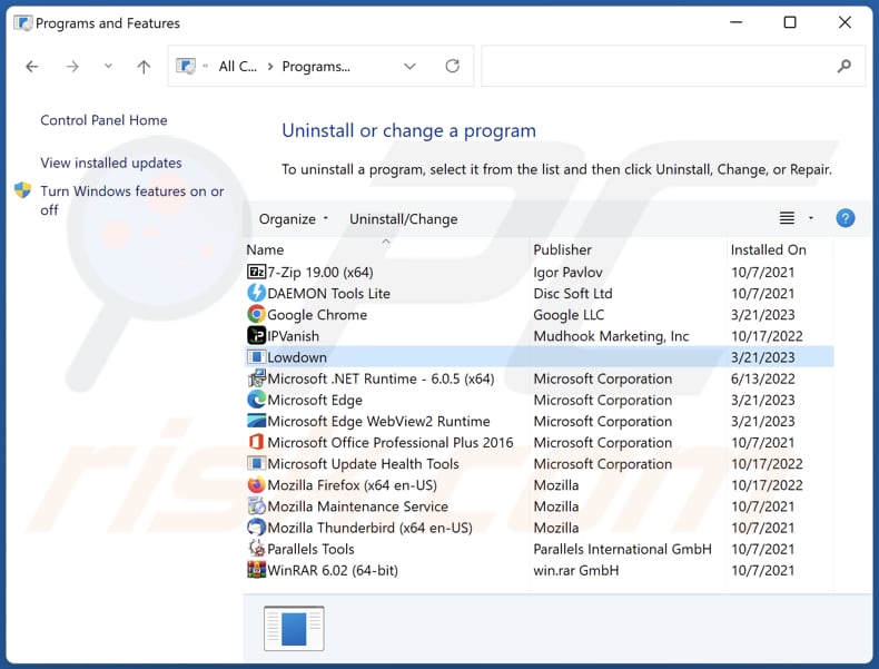 Désinstallation du logiciel publicitaire Lowdown via le Panneau de configuration