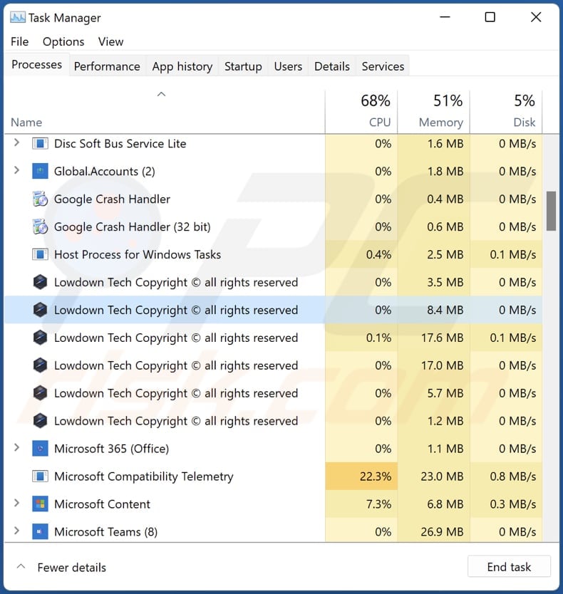 Adware Lowdown s'exécutant dans le gestionnaire de tâches en tant que Lowdown Tech Copyright tous droits réservés