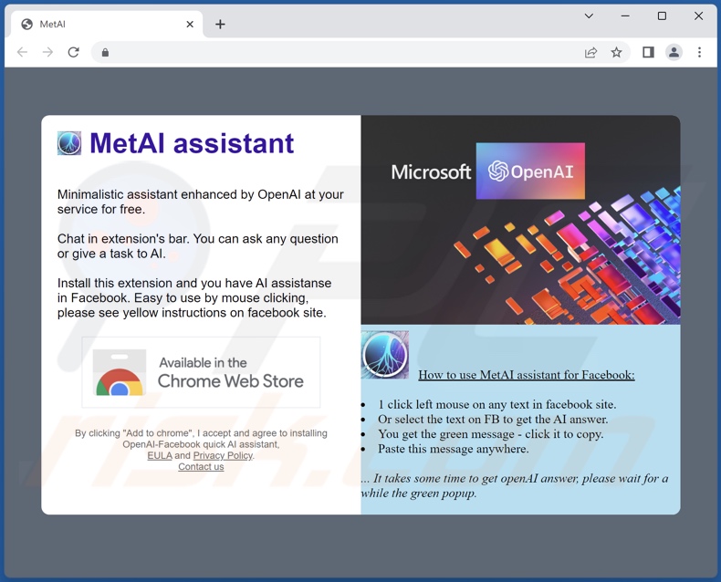 Site Web faisant la promotion de l'adware assistant MetAI