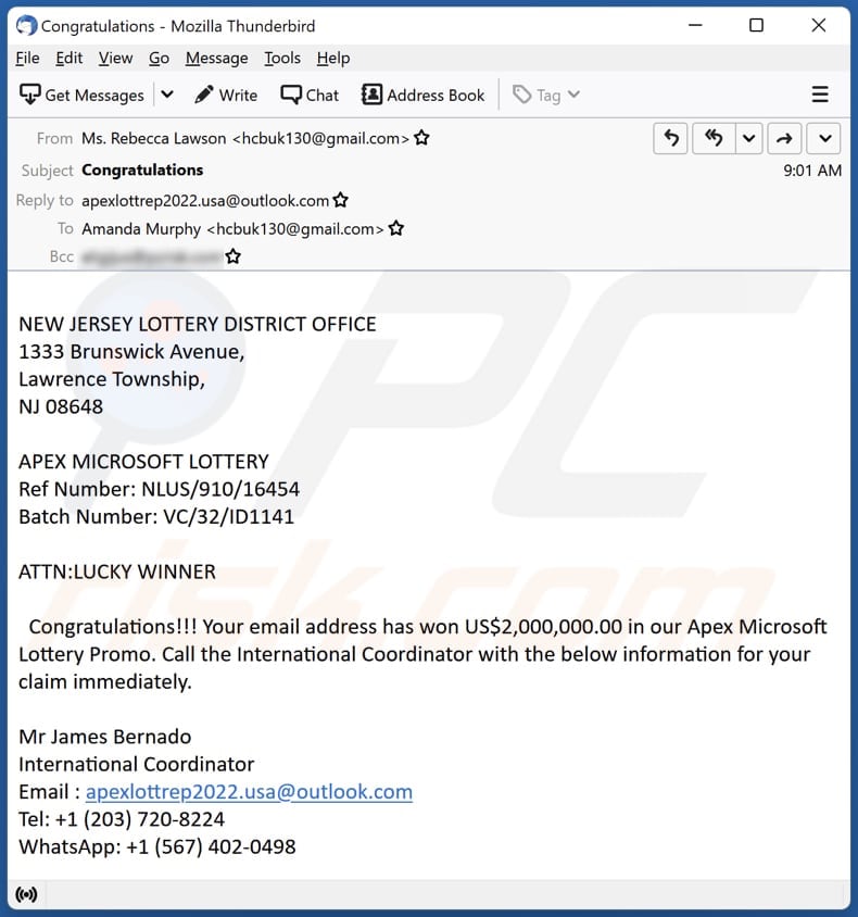 Campagne de spam par e-mail Microsoft Lottery