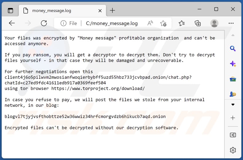 Money Message ransomware text file (money_message.log)