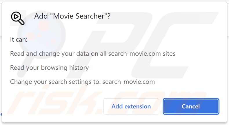 Pirate de navigateur Movie Searcher demandant des autorisations