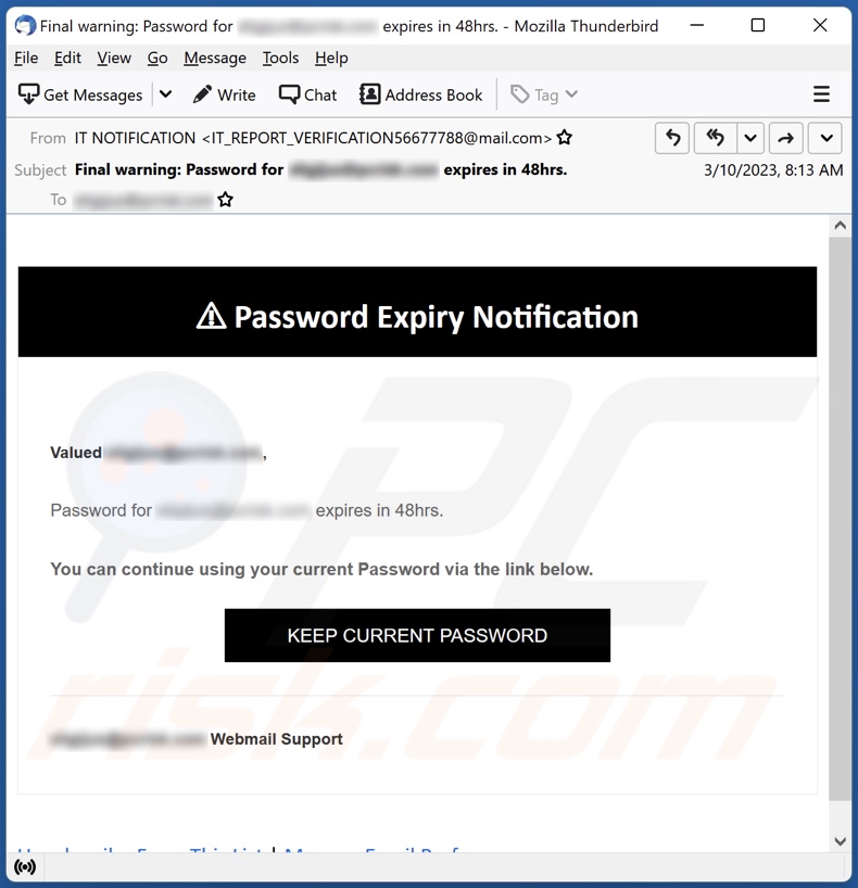 Campagne de spam par e-mail de notification d'expiration du mot de passe