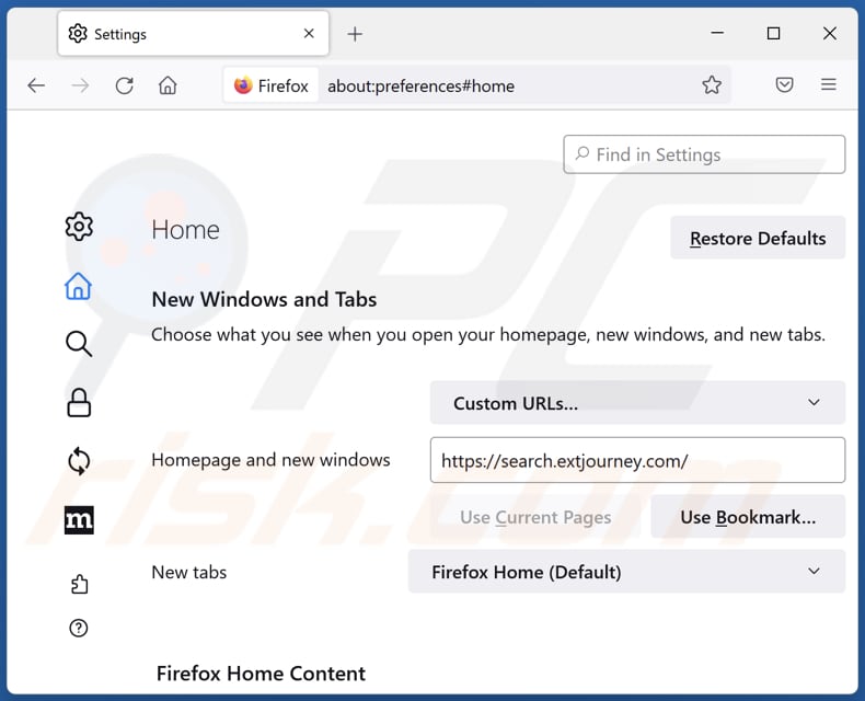 Suppression de search.extjourney.com de la page d'accueil de Mozilla Firefox