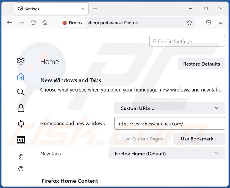 Suppression de searchsearches.com de la page d'accueil de Mozilla Firefox
