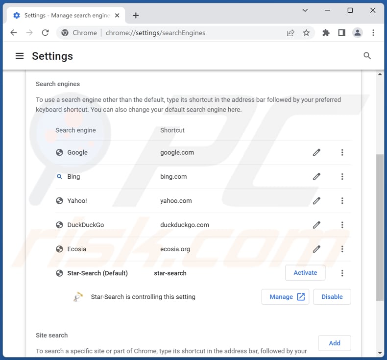Removing star-search.xyz from Google Chrome default search engine