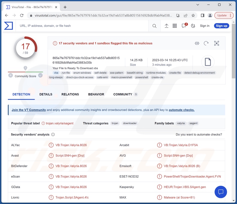 Détections de Valyria sur VirusTotal