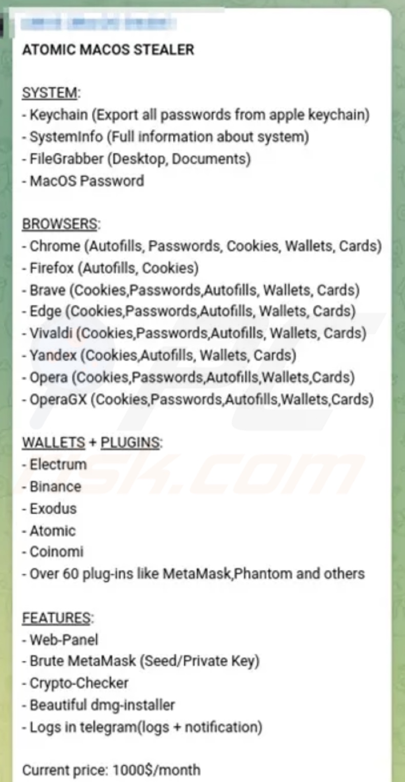 Atomic stealer promotion on Telegram