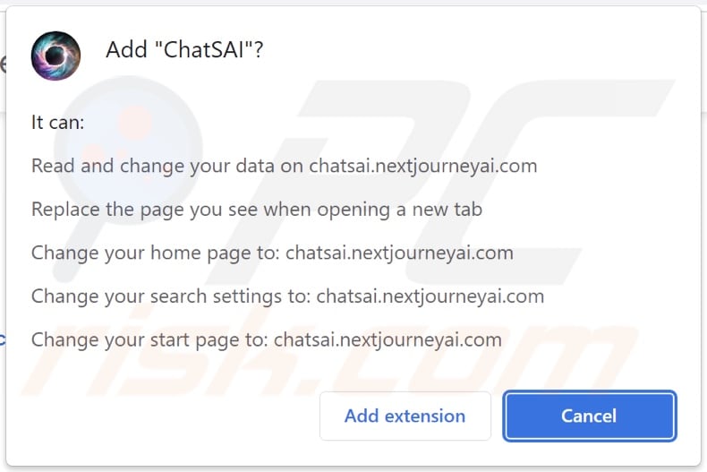 ChatSAI browser hijacker asking for permissions