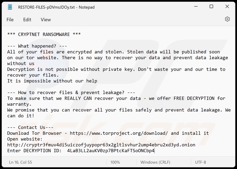 CRYPTNET ransomware ransom note (RESTORE-FILES-[random_string].txt)