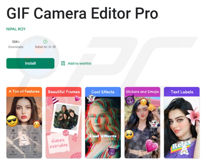 Fleckpe trojan malicious app example 2 (GIF Camera Editor Pro)