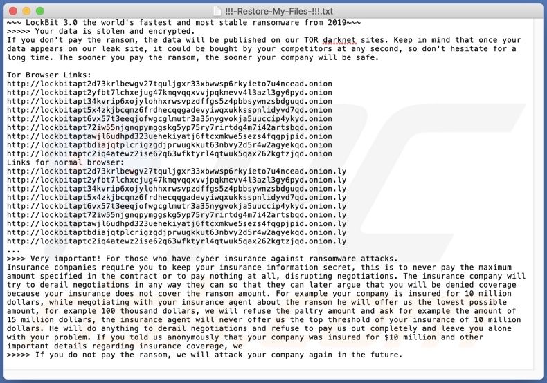 LockBit ransomware ransom note (!!!-Restore-My-Files-!!!.txt)