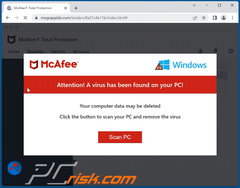 Appearance of McAfee - A Virus Has Been Found On Your PC! scam (GIF)