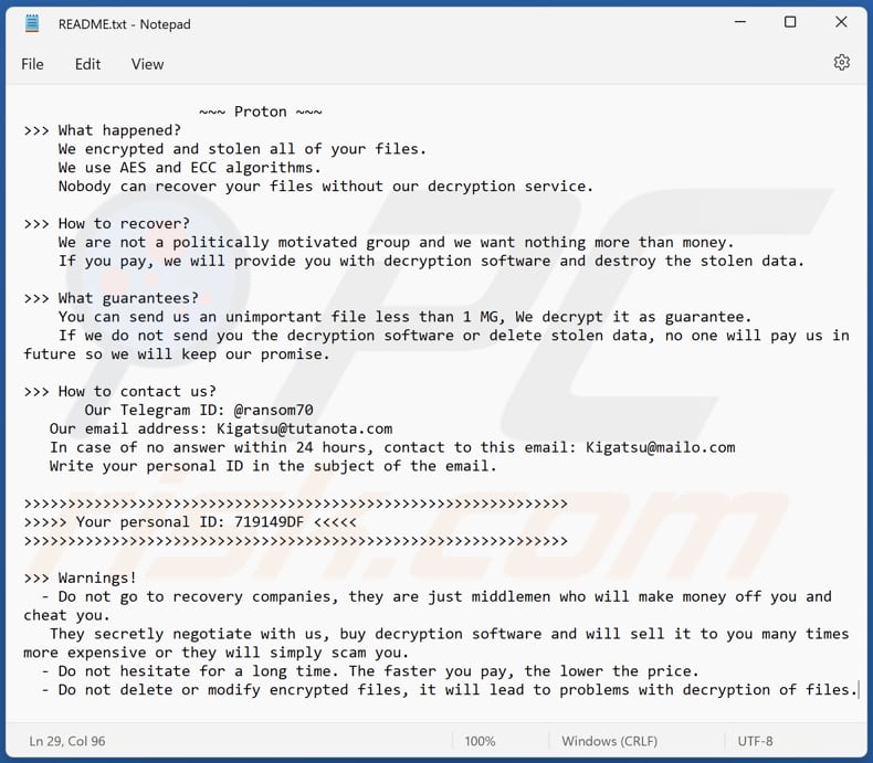 Proton ransomware text file (README.txt)