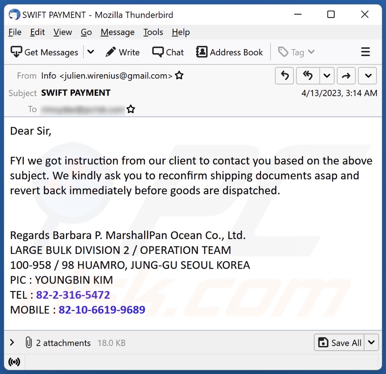 Reconfirm Shipping Documents email spam campaign