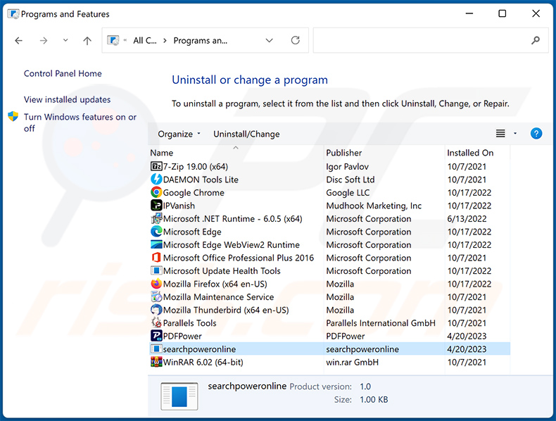 searchpoweronline.com browser hijacker uninstall via Control Panel