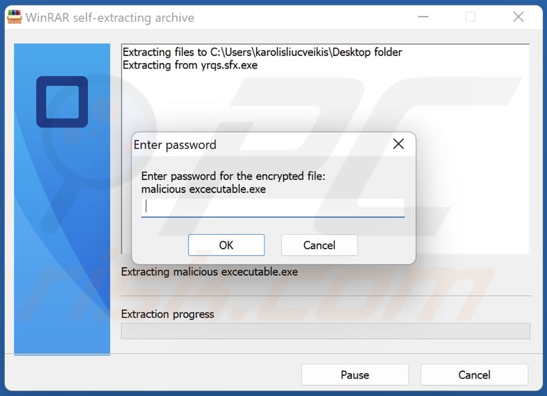 Self-Extracting Archive (SFX) Malware password-protected SFX generated using WinRAR