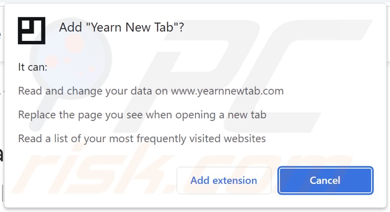 Yearn New Tab browser hijacker asking for permissions