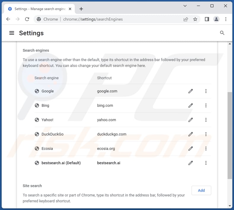 Removing bestsearch.ai from Google Chrome default search engine