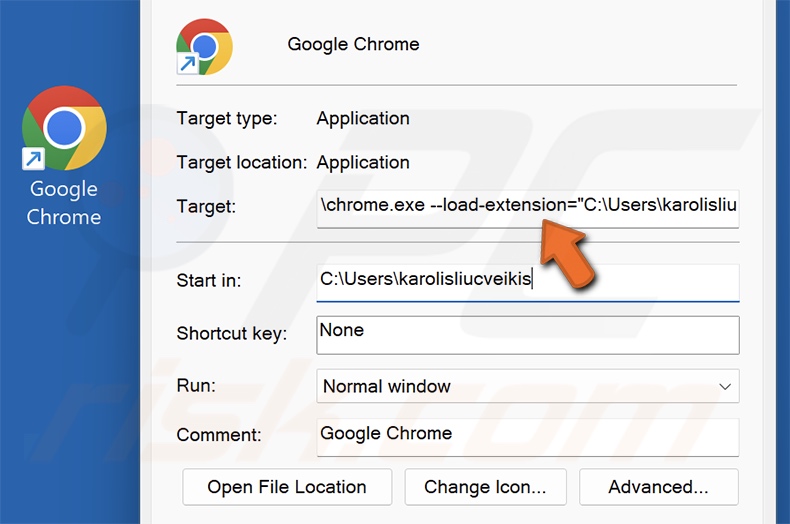 Fichier LNK édité par Chromium Extension-Loading Shortcut Virus