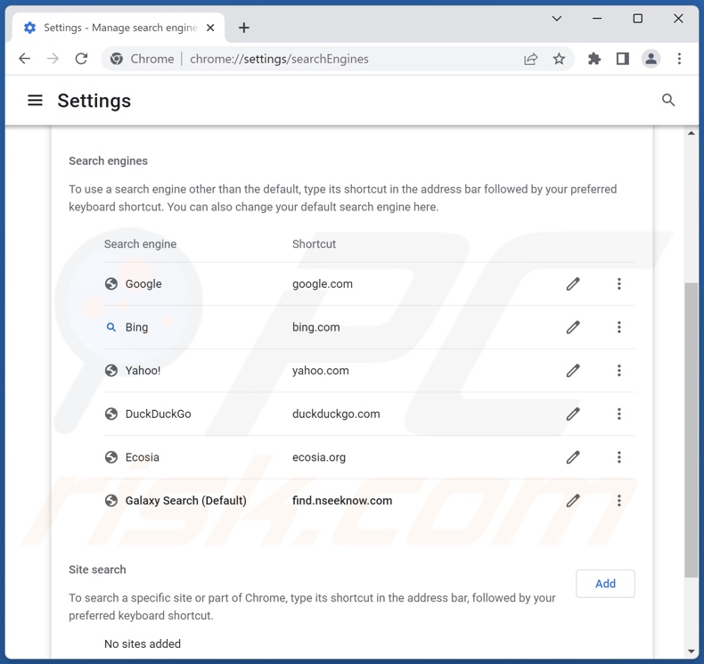 Removing find.nseeknow.com from Google Chrome default search engine