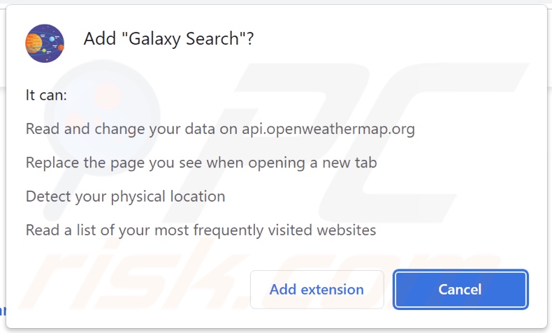 Galaxy Search browser hijacker asking for permissions