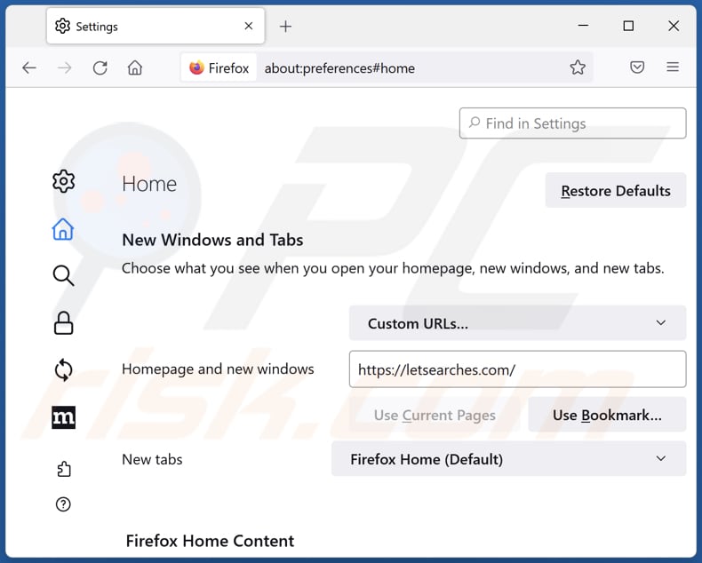 Suppression de letsearches.com de la page d'accueil de Mozilla Firefox