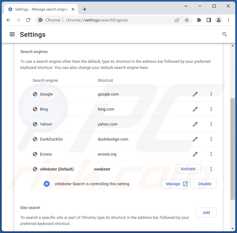 Removing owebsearch.com from Google Chrome default search engine