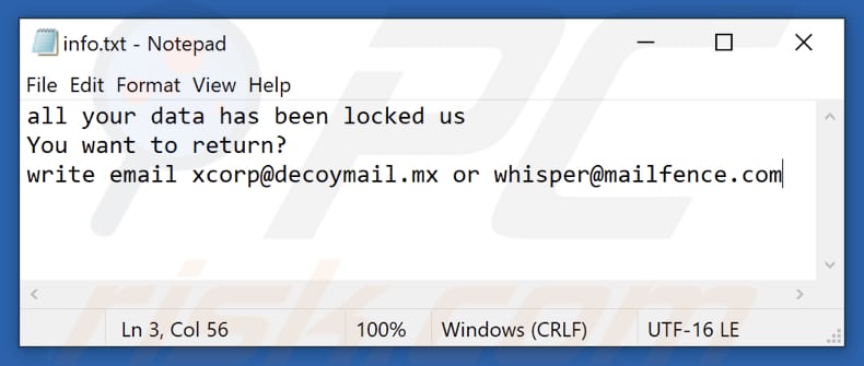 xCor ransomware txt file (info.txt)