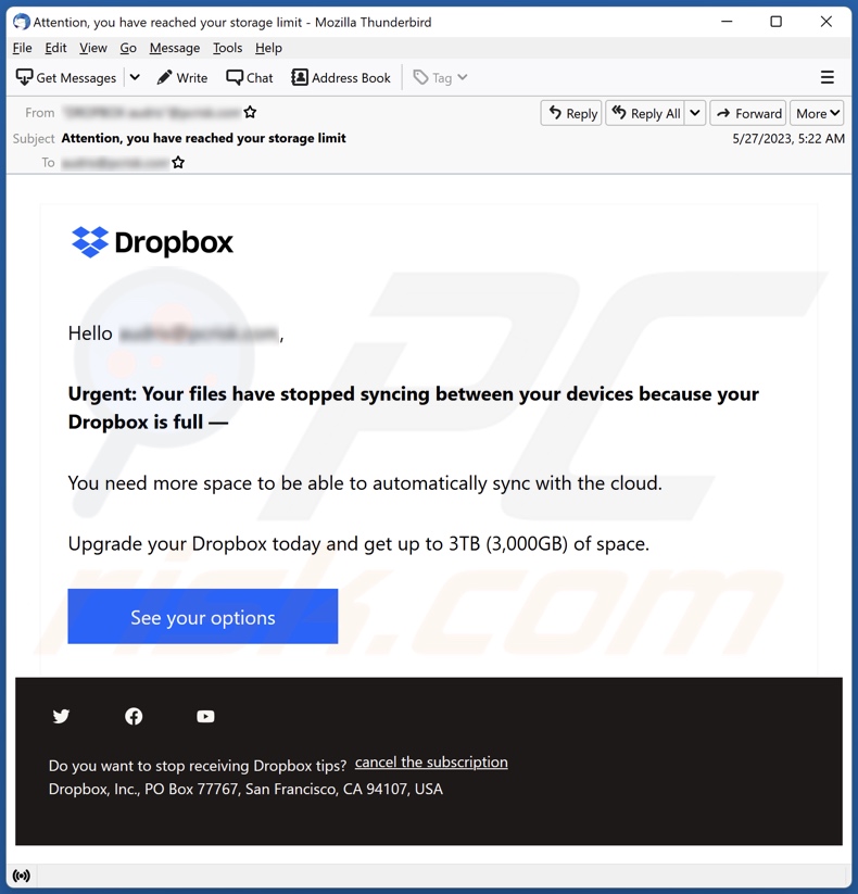 Dropbox Is Full email spam campaigne