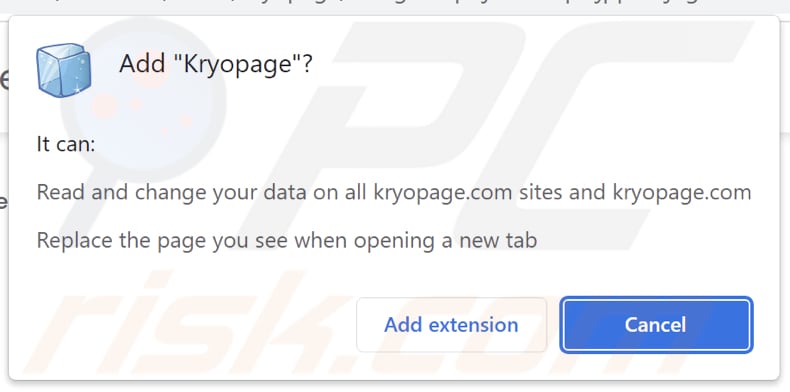 Permissions demandées par le pirate de navigateur Kryopage