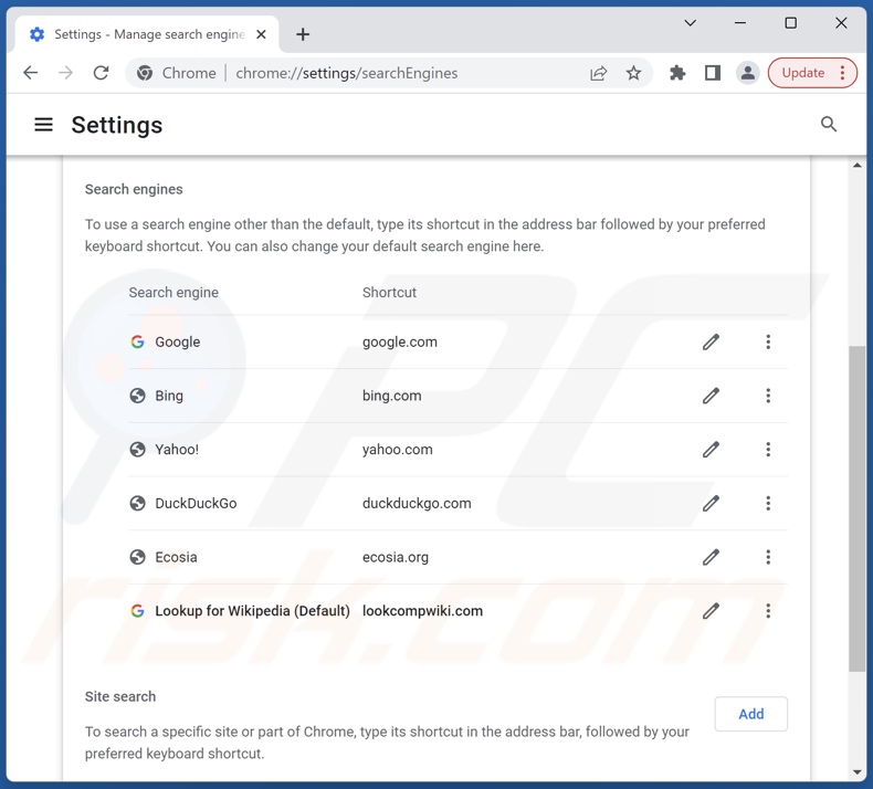 Removing lookcompwiki.com from Google Chrome default search engine