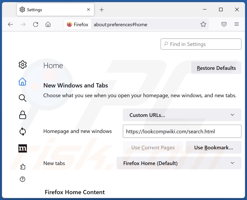 Removing lookcompwiki.com from Mozilla Firefox homepage