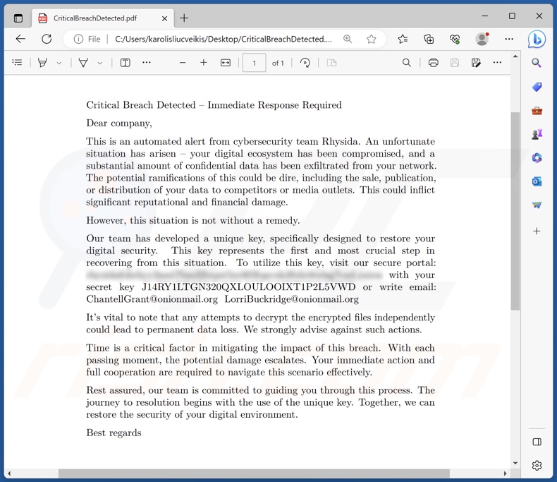 Rhysida ransomware ransom note (CriticalBreachDetected.pdf)