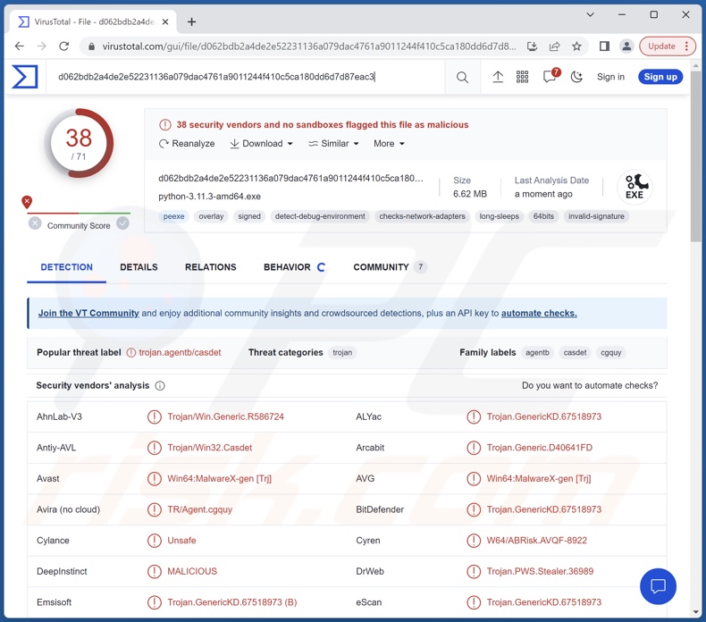 RustyStealer maliciel détections sur VirusTotal