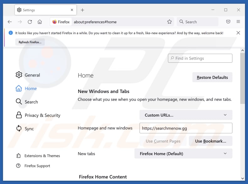 Removing searchmenow.gg from Mozilla Firefox homepage