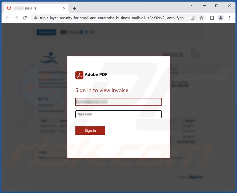 Site web d'hameçonnage promu par la campagne de spam Adobe Sign