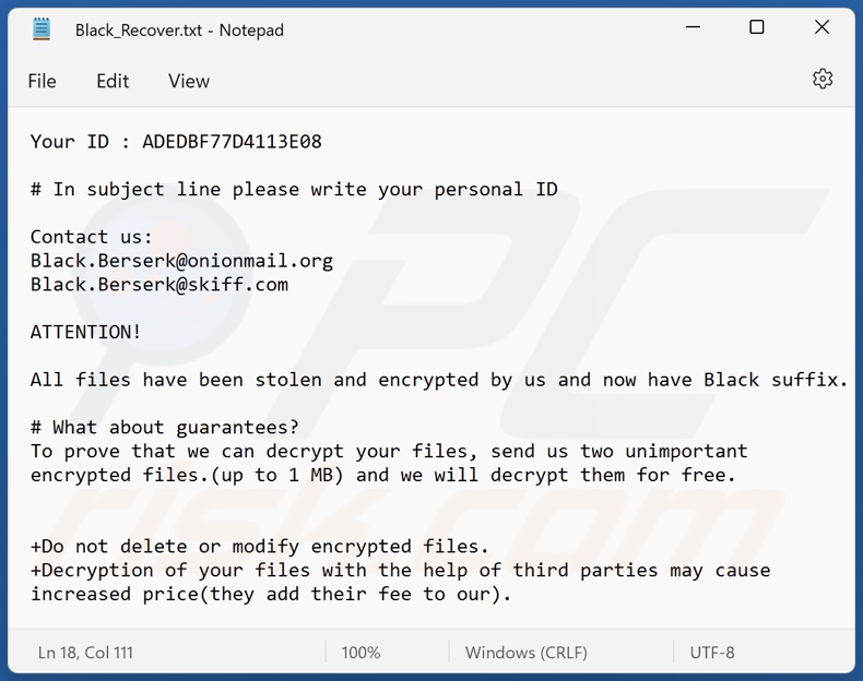 Black Berserk ransomware ransom note (Black_Recover.txt)