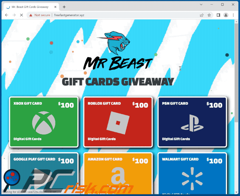 Apparence de Mr Beast GIFT CARDS GIVEAWAY scam
