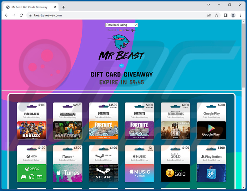 Un autre site web promouvant Mr Beast GIFT CARDS GIVEAWAY scam