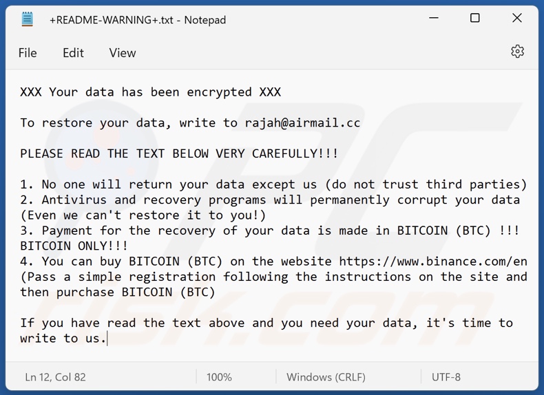 Rajah ransomware note de rançon (+README-WARNING+.txt)